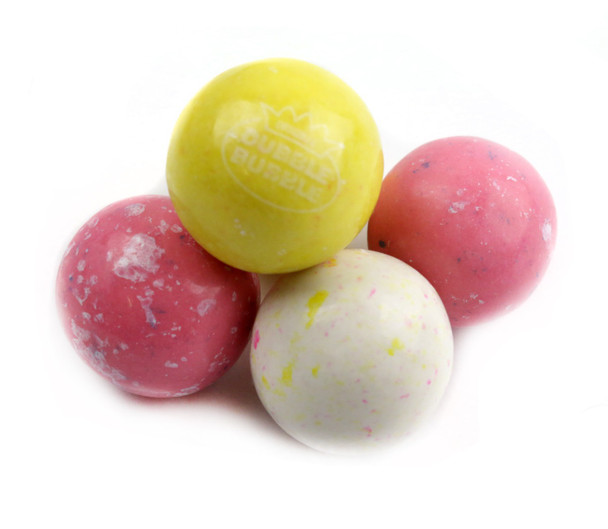 Dubble Bubble Birthday Cake gumballs, approx 50 per lb. Yellow, pink, white, pastel 1-inch gumballs with sprinkle specks.