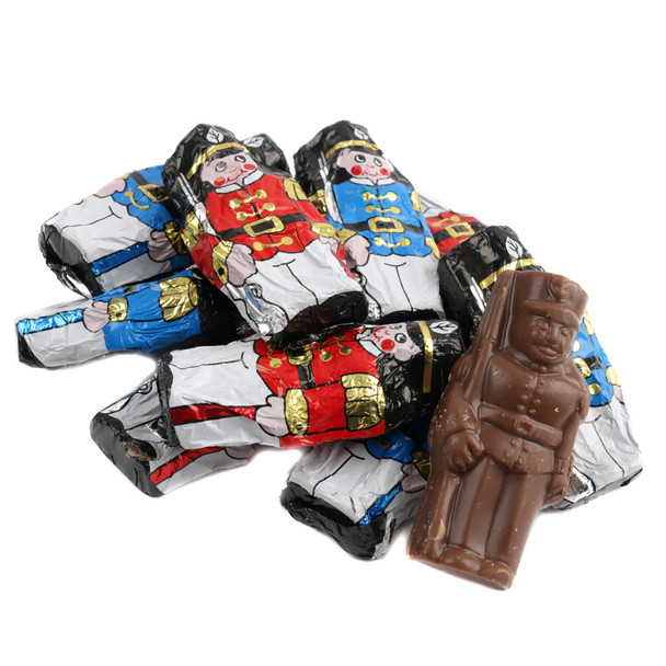 Miniature Chocolate Toy Soldiers, solid milk chocolate, assorted foil wrapped, festive Christmas candy, approx 50 per pound.
