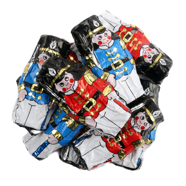 Miniature Christmas chocolate toy soldiers, Madelaine milk, assorted colorful foil wrapped, approx 50 per pound.