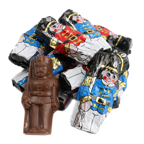 Miniature chocolate toy soldiers, 50 per pound, Madelaine milk chocolate, assorted festive foil wrapped, Christmas candy.