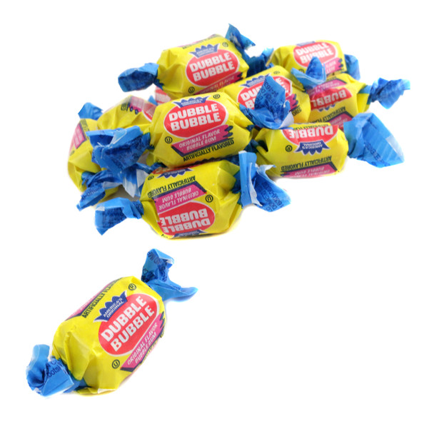 Dubble Bubble Original Twist Bubble Gum, yellow & blue wrappers, bulk 55 pieces per pound.