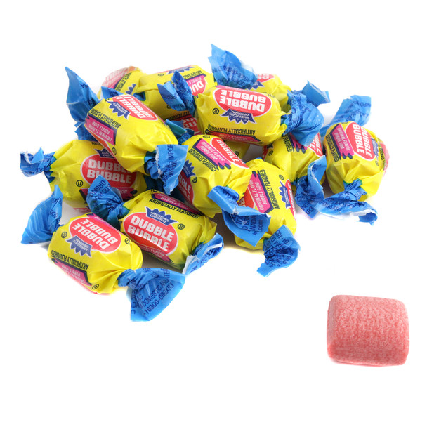 Dubble Bubble Original Twist bubble gum, bulk, 55 pieces, barrel-shaped, yellow and blue twist wrappers.