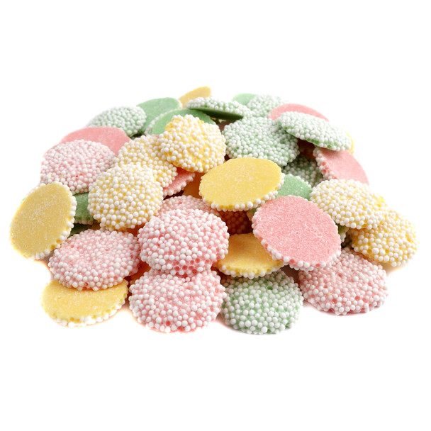 Pastel pink, green, yellow creamy mint nonpareils, 1 inch, with white seeds.