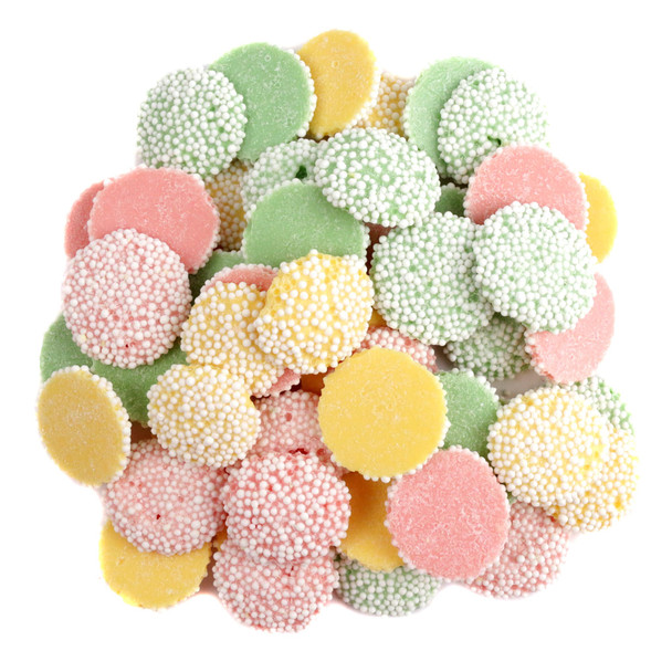 Pastel pink, green, yellow smooth mint nonpareils, 1-inch diameter, with white nonpareil seeds. Creamy candy.