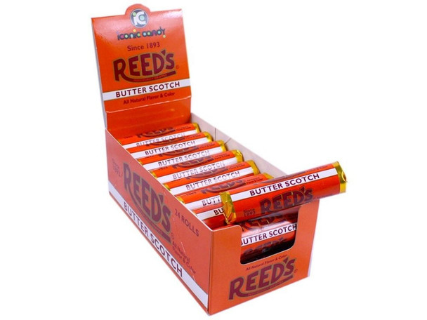 Reeds Butterscotch hard candy rolls, 24-pack. 7 individually wrapped, golden butterscotch candies per roll.