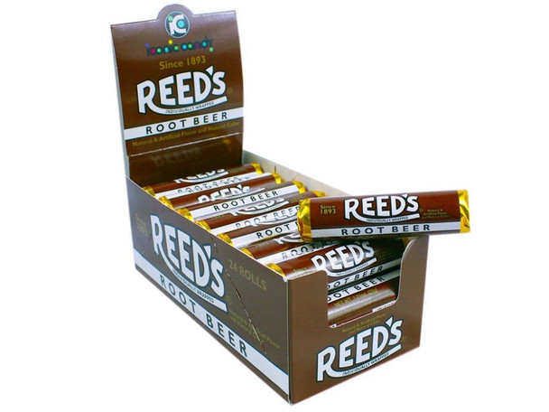 24-pack brown, creamy Reeds Root Beer Candy Rolls, showing individually wrapped hard candy pieces.