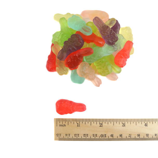 Easter gummy bunnies, 1 inch tall, assorted colors: mango, strawberry, blue raspberry, green apple, cherry, grape.