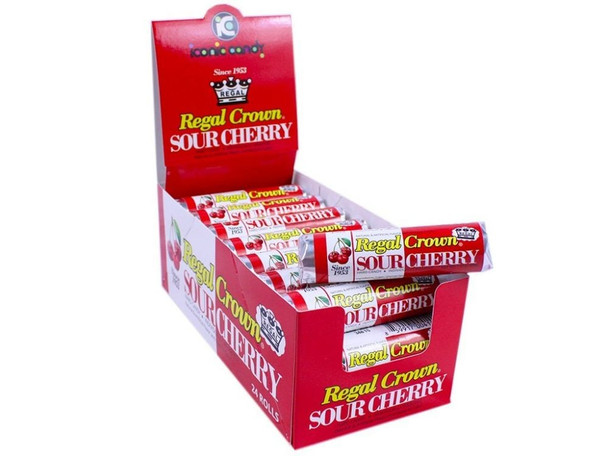 Red Regal Crown Sour Cherry hard candy rolls, 24 pack, each roll with 7 individually wrapped pieces.