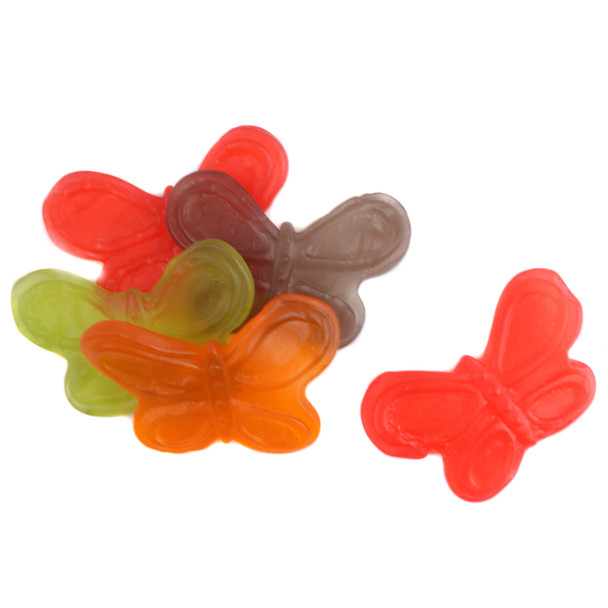 Large gummy butterflies, 2.5-inch wingspan, vibrant rainbow colors, assorted fruit flavors. Approx 30 per pound.