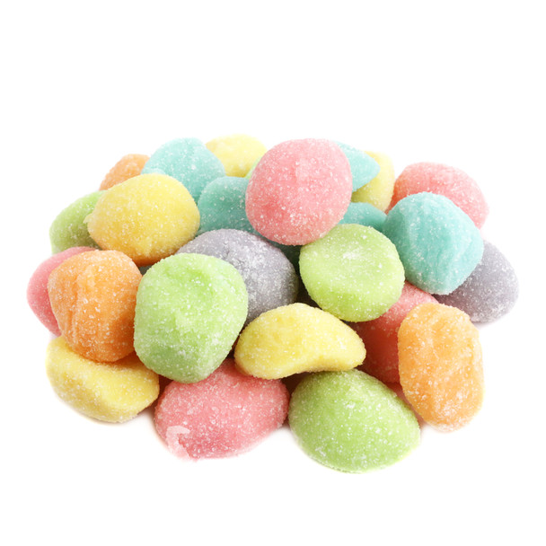 Eggstraspecial Gummy Eggs. Assorted pastel blue, purple, orange, green, yellow sugared gummy eggs for Easter baskets.