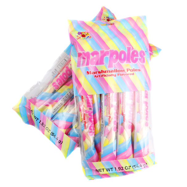 Marpole Marshmallow Twist Bag, 8 individually wrapped soft twisted marshmallow poles, pastel colors.