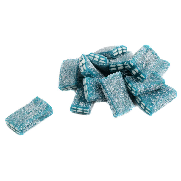Vibrant blue, sour blue raspberry licorice bricks, soft, chewy, creamy filled, approx. 60 pieces per pound.