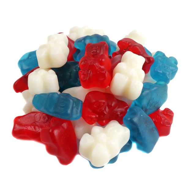 Patriotic Gummy Bears, red white blue candy, cherry strawberry-banana blue raspberry flavors, Made in USA.