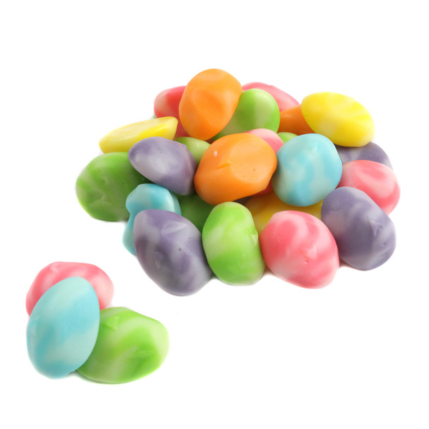 Mini gummy Easter eggs, approx. 100 per pound. Bright blue, purple, orange, green, yellow sugar-dusted candy.