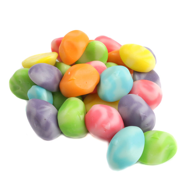 Mini gummy Easter eggs, vibrant blue, purple, orange, green, yellow colors, lightly sugar-sprinkled. Approx 100 per pound.