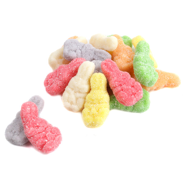 Albanese Sugared Gummy Easter Bunnies, 6 pastel colors, 1 inch tall, assorted fruit flavors, sweet sugar coating.