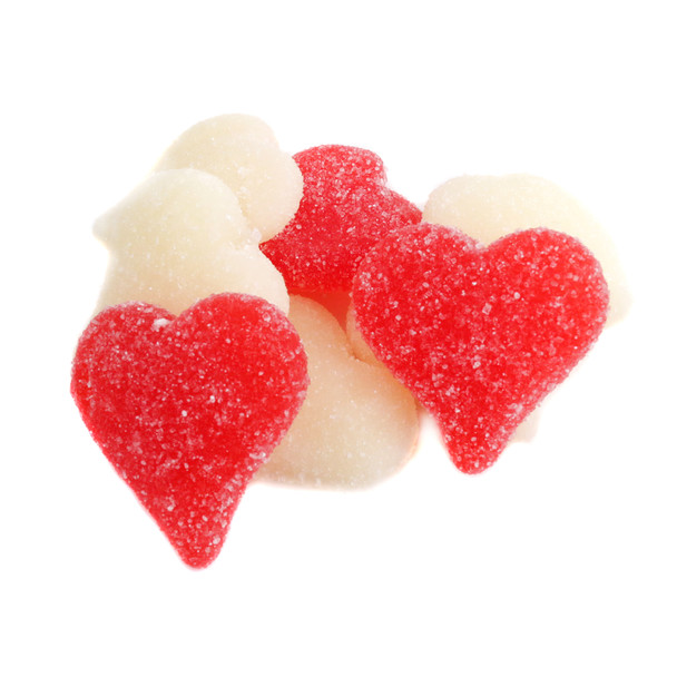 Vibrant red, sanded gummy hearts with wild cherry & strawberry-banana flavors. Approx. 60 Albanese Gummy Hearts.