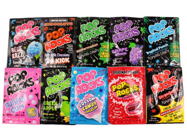 20 Assorted Pop Rocks packs. Colorful assortment of Cotton Candy, Green Apple, Blue Raspberry, Grape, Strawberry, Watermelon, Cherry.