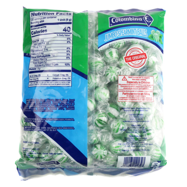 Detailed view of the back of a Colombina Jumbo Spearmint Balls bag, displaying the nutrition facts panel, ingredient list, and allergen warnings.