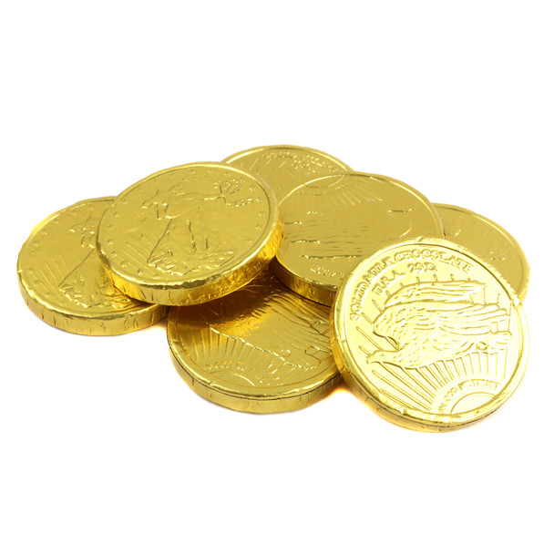 Medium 1.25 inch gold chocolate coins, Lady Liberty front, bald eagle back.