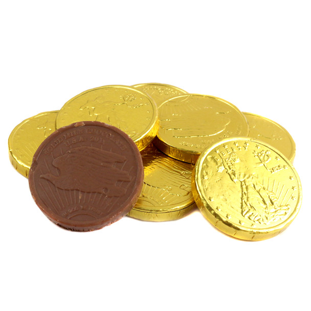 Gold milk chocolate coins, 1 1/4 inch diameter, with Lady Liberty on front and bald eagle on back.