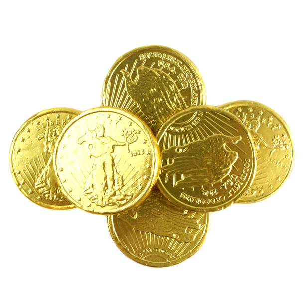 Medium gold milk chocolate coins, 1 1/4 inch, with Lady Liberty on front and bald eagle on back.
