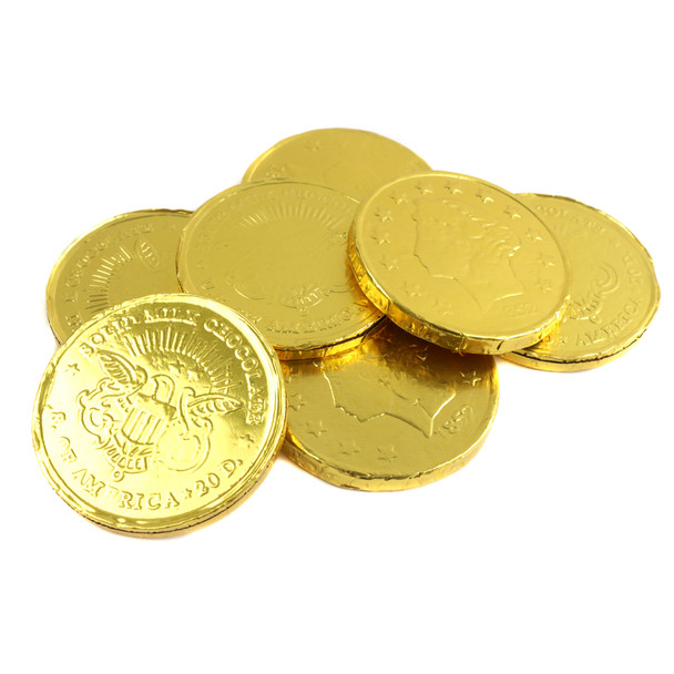 Large gold foil wrapped milk chocolate coins, 1.5 inches diameter, Lady Liberty, American Eagle designs. Approx 65 per lb.