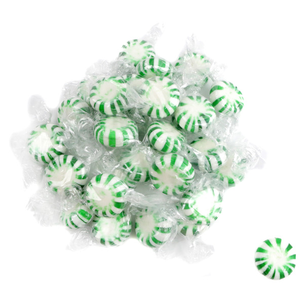 Quality Spearmint Starlight Mints, bright green striped, individually wrapped for cool, refreshing spearmint flavor.