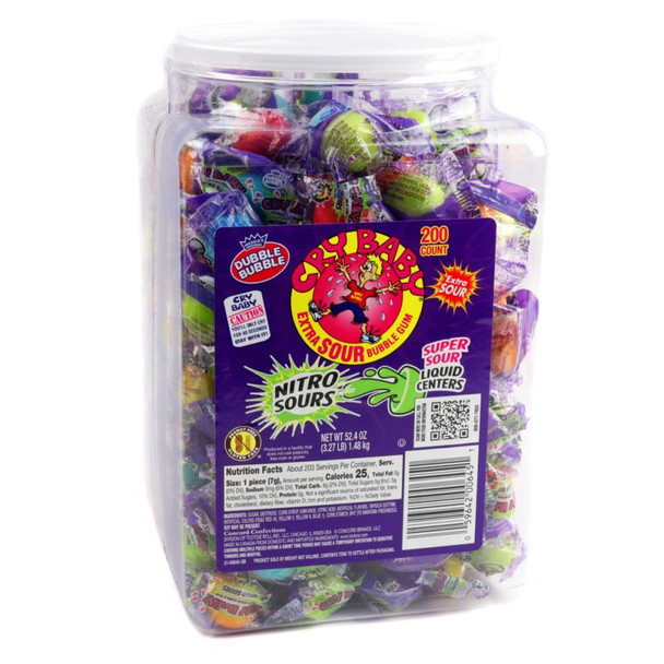 Cry Baby Extra Sour Gumballs, 200 pieces in a tub, vibrant rainbow colors, individually wrapped sour candy.