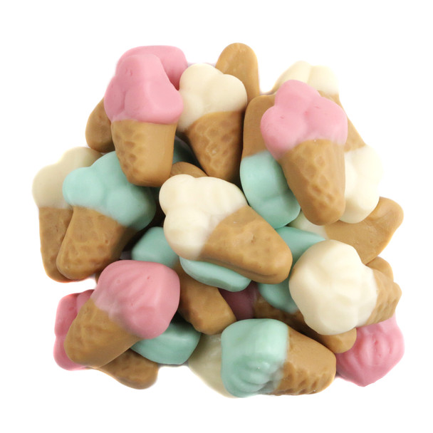 Colorful gummy ice cream cones, strawberry, vanilla, mint. Soft-serve or three-scoop designs, ~86 pieces per pound.