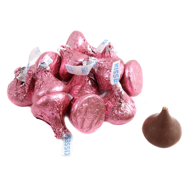 Light pink foil Hershey Kisses, approx 100 individually wrapped. Rich creamy chocolate baby shower candy.