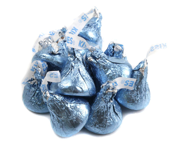 100 light blue foil-wrapped Hershey Kisses per pound, ideal for baby showers, gender reveals.