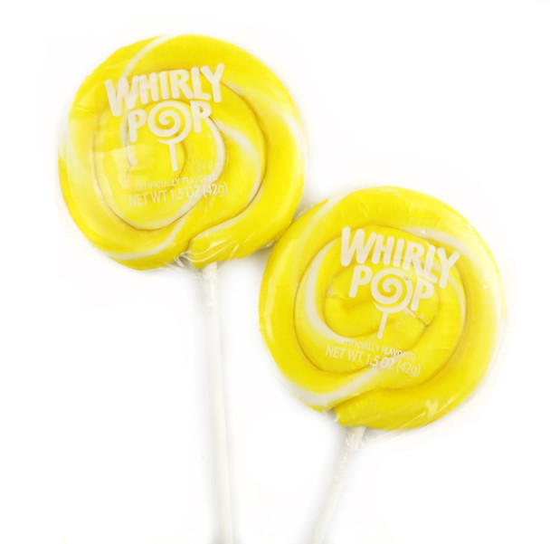 12 Whirly Pop lollipops, bright yellow and white swirled, 1.5 oz each, individually wrapped pack.