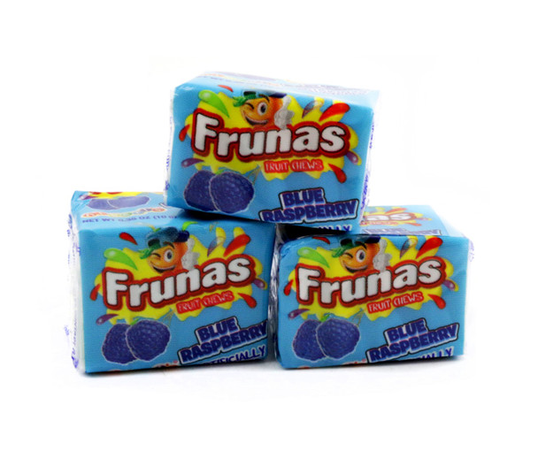 Vibrant blue Blue Raspberry Frunas, super chewy candy, approx 45 packs per pound of sweet tangy flavor.