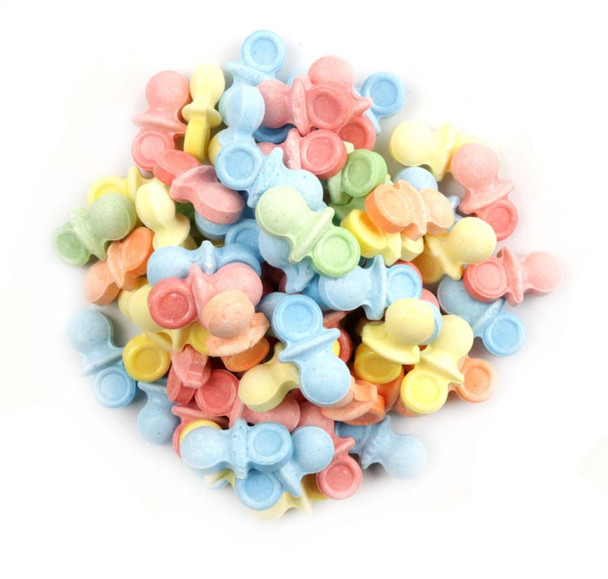 Oh Baby Candy Pacifiers, assorted vibrant colors, sweet and sour novelty candy, 625 per pound for baby showers.