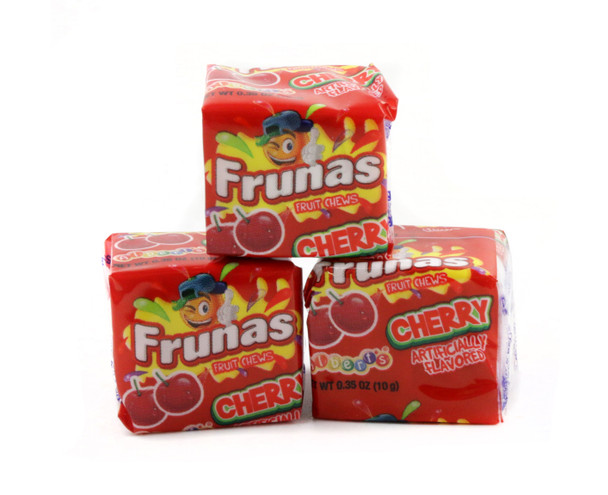 Vibrant red Cherry Frunas, super chewy candy with mouthwatering cherry flavor. Perfect for pinatas, parades.
