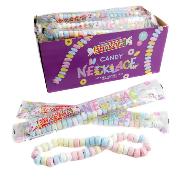 24 individually wrapped Smarties candy necklaces, colorful candy beads on stretchy cords.