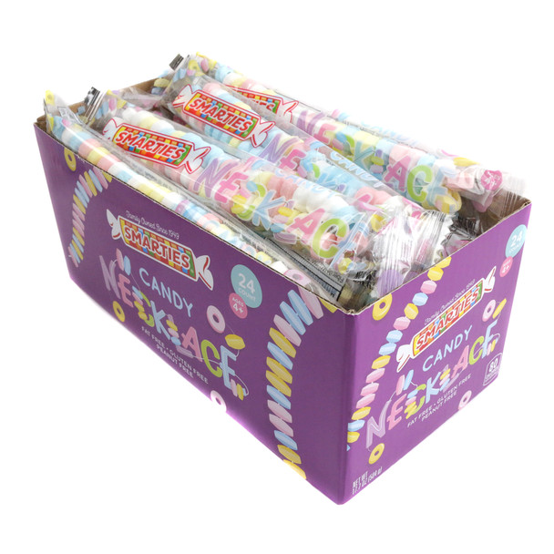 24 individually wrapped Smarties candy necklaces, rainbow-colored candy beads on stretchy cords.