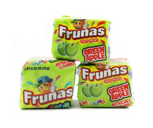 Vibrant green Green Apple Frunas, super chewy candies with tart apple flavor. Approximately 45 per pound.