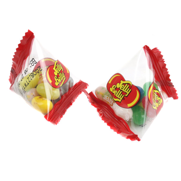 Jelly Belly 10-flavor pyramid bags, assorted colorful fruity jelly beans, approximately 35 bags per pound.