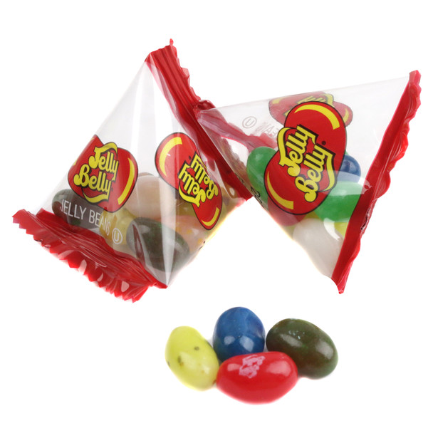 Jelly Belly 10 flavor pyramid bags, vibrant blue, green, white, yellow, assorted fruit jelly beans, approx. 35 bags.