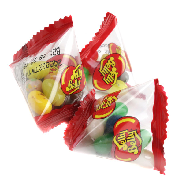Colorful Jelly Belly Pyramid Bags, 10 assorted fruity flavors, blue, green, white jelly beans, approx 35 bags.