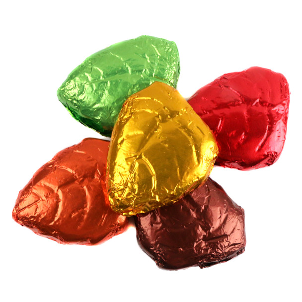 Gold, red, purple, green foil-wrapped milk chocolate fall leaves, approx 50 pieces per pound, festive fall treat.