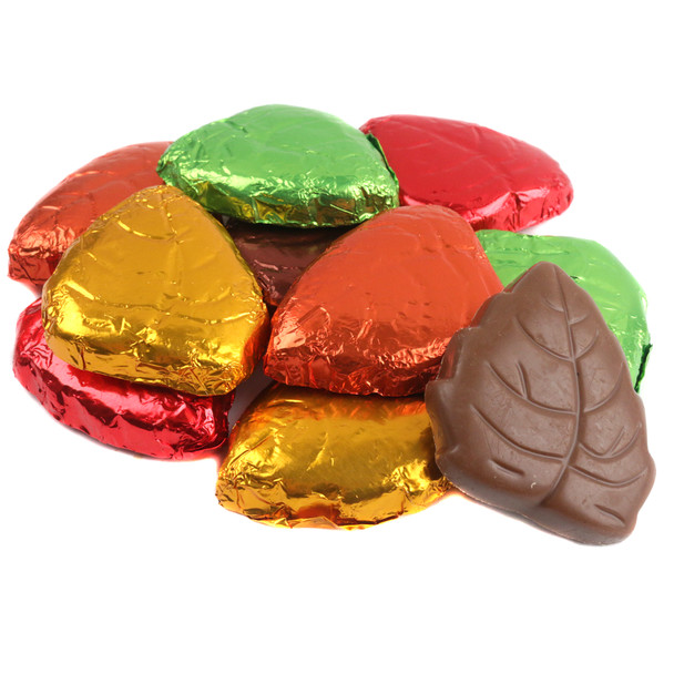 Milk chocolate foil wrapped fall leaves candy, gold, red, purple, green, approx 50 pieces per pound.