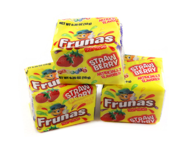 Super chewy red Strawberry Frunas taffy candy, delicious strawberry flavored treats.