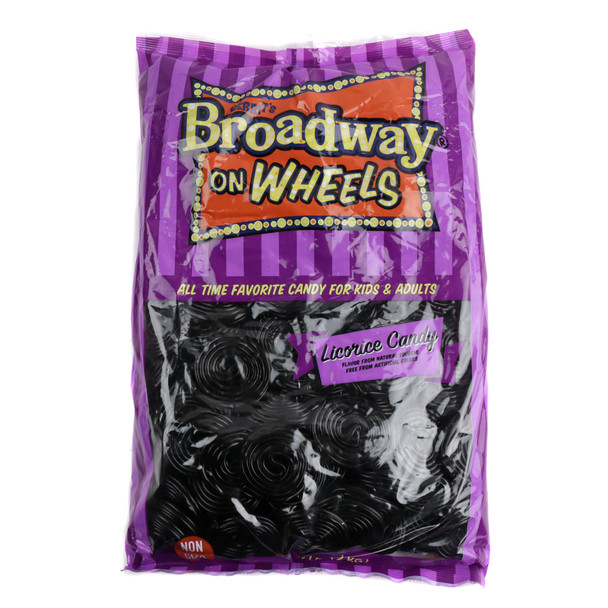 Black licorice wheels, rolled laces, 1.5 inch diameter, 4.4lb bag, Gerrit Verburg.