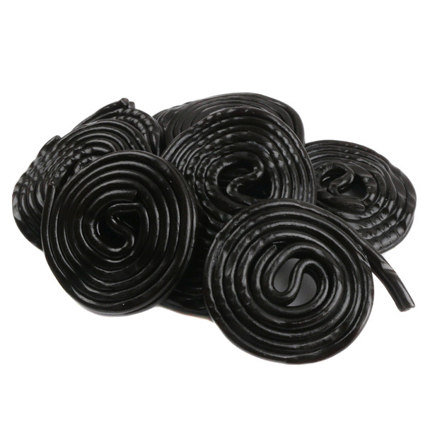 Black licorice wheels, 4.4LB bag, rolled laces, approximately 198 pieces, 1.5 inch diameter, Gerrit Verburg.