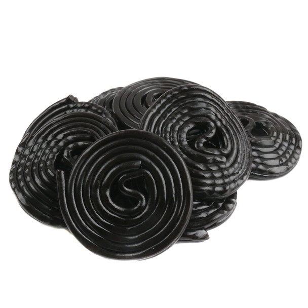 Dark black licorice wheels, 1.5 inches diameter, Gerrit Verburg brand, 4.4lb bulk bag.