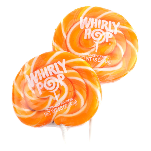 12 Whirly Pop orange and white swirl lollipops, 1.5 oz each, 3 inch diameter, tangerine flavor.