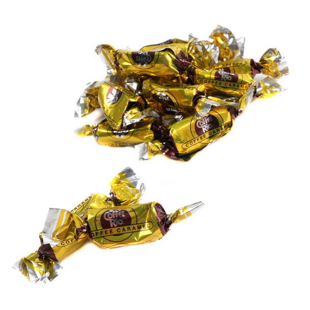 Coffee Rio Coffee Candy Caramel, natural brown hard candies, approx 87 pieces per pound, made with real coffee & cream.